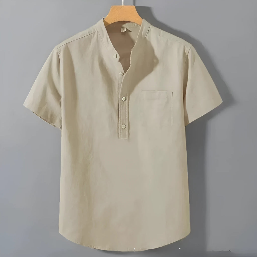 Men's beige casual linen shirt with stand collar and short sleeves in a loose, relaxed fit.