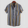 Men's cotton blended long sleeve striped shirt with stand-up collar in red, front view