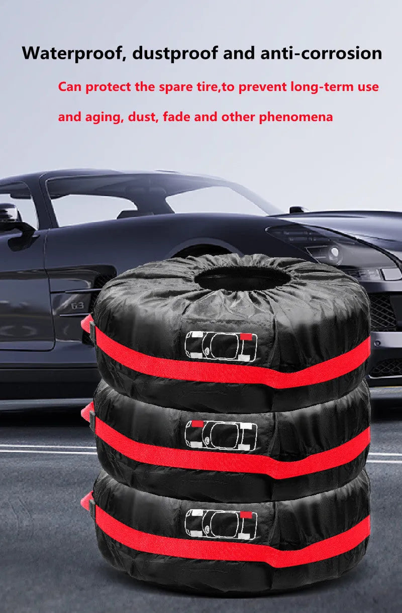 Set of four black Oxford cloth car tyre protective covers laid flat