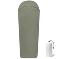 Blue mummy-style nylon camping sleeping bag unrolled, showing tapered shape and stuff sack.