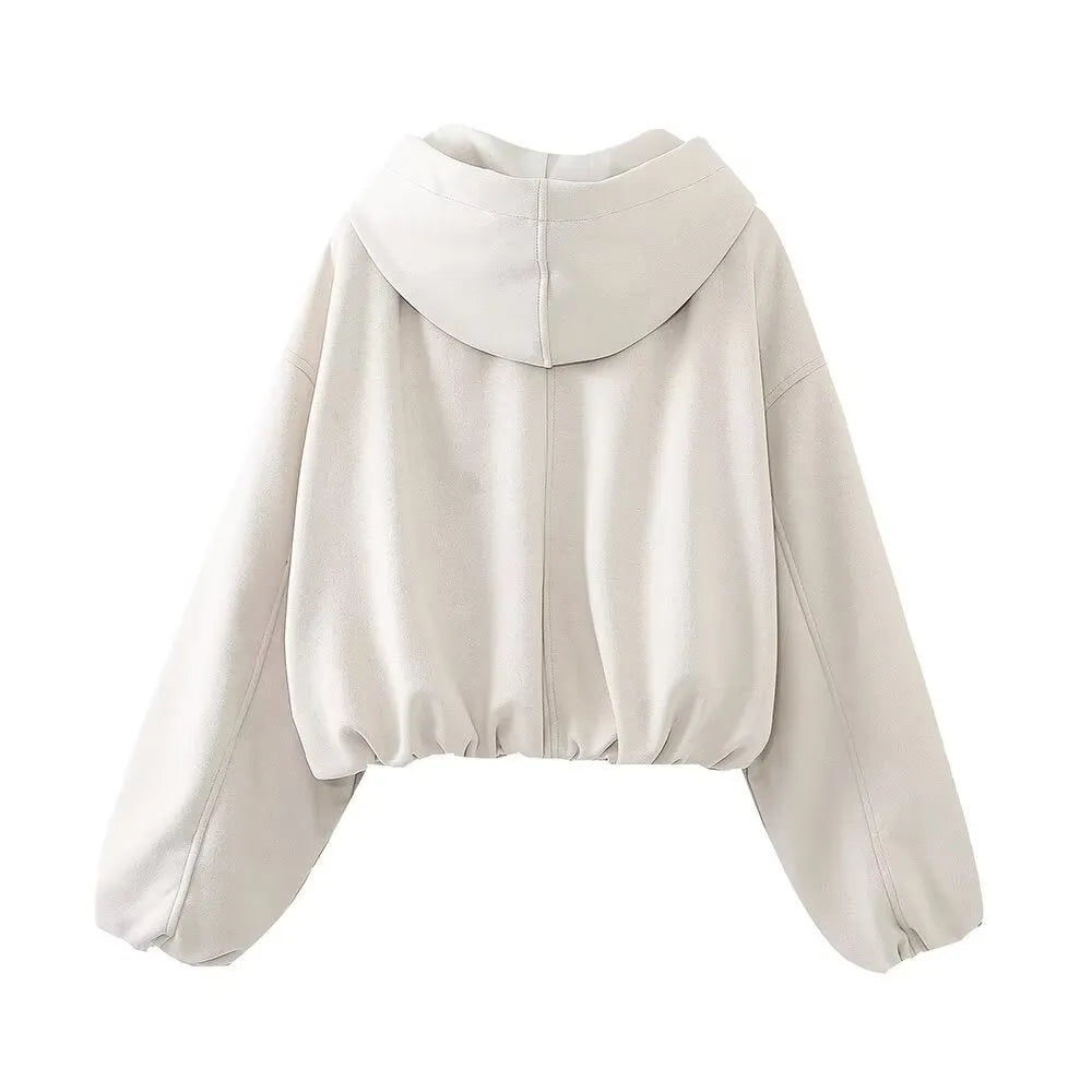 Women's white suede hooded casual jacket on a hanger