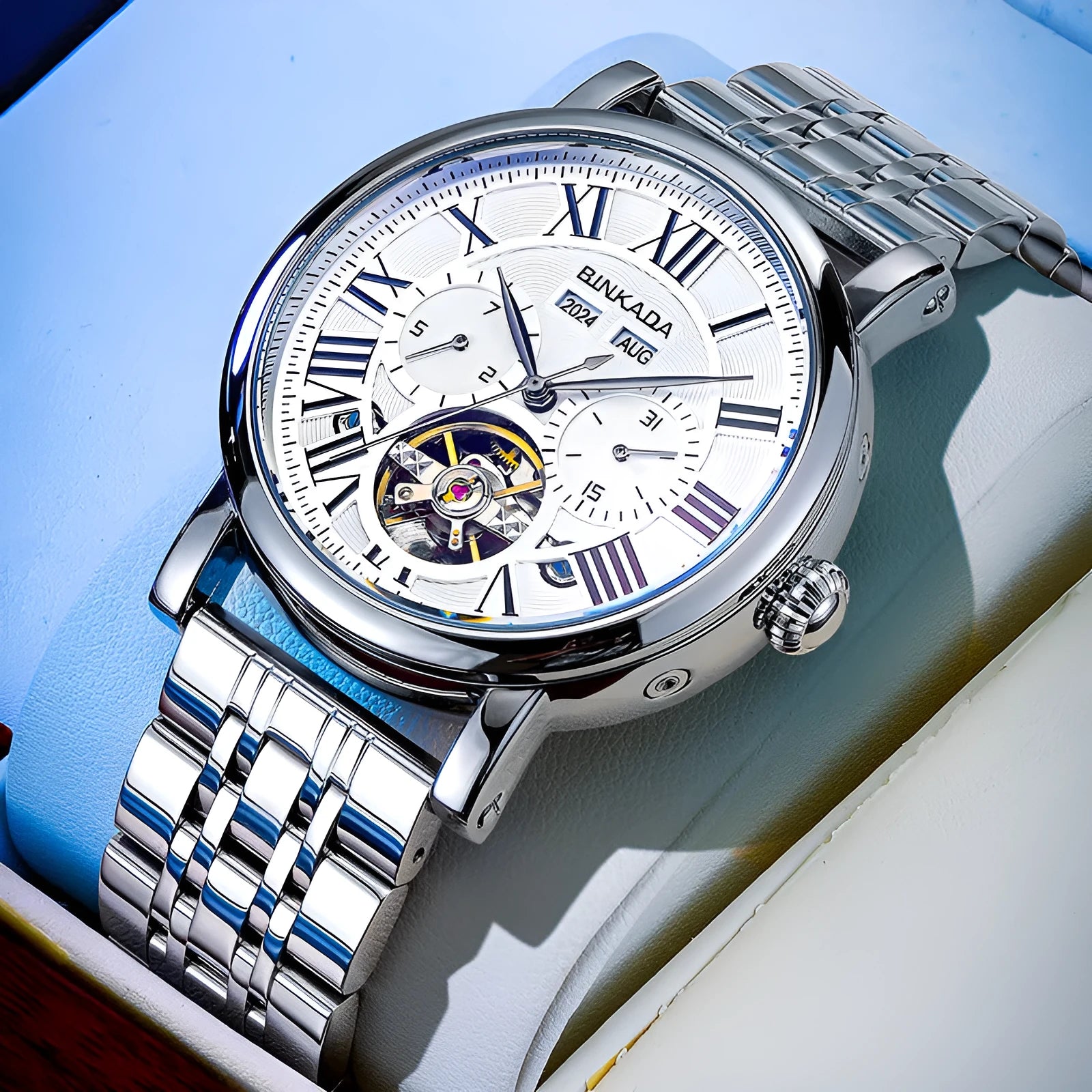 Men's steel automatic watch with business style dial on a choice of black or white steel strap.