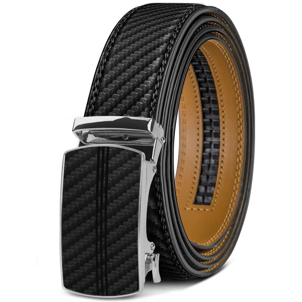 Men's embossed PU leather belt with an automatic alloy buckle in a neutral colour.