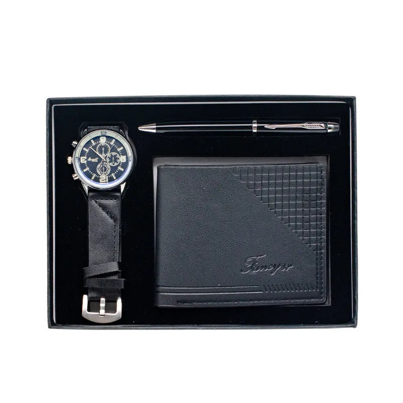 Creative holiday gift set showing wallet, pen, and watch in gift box with black or brown colour options