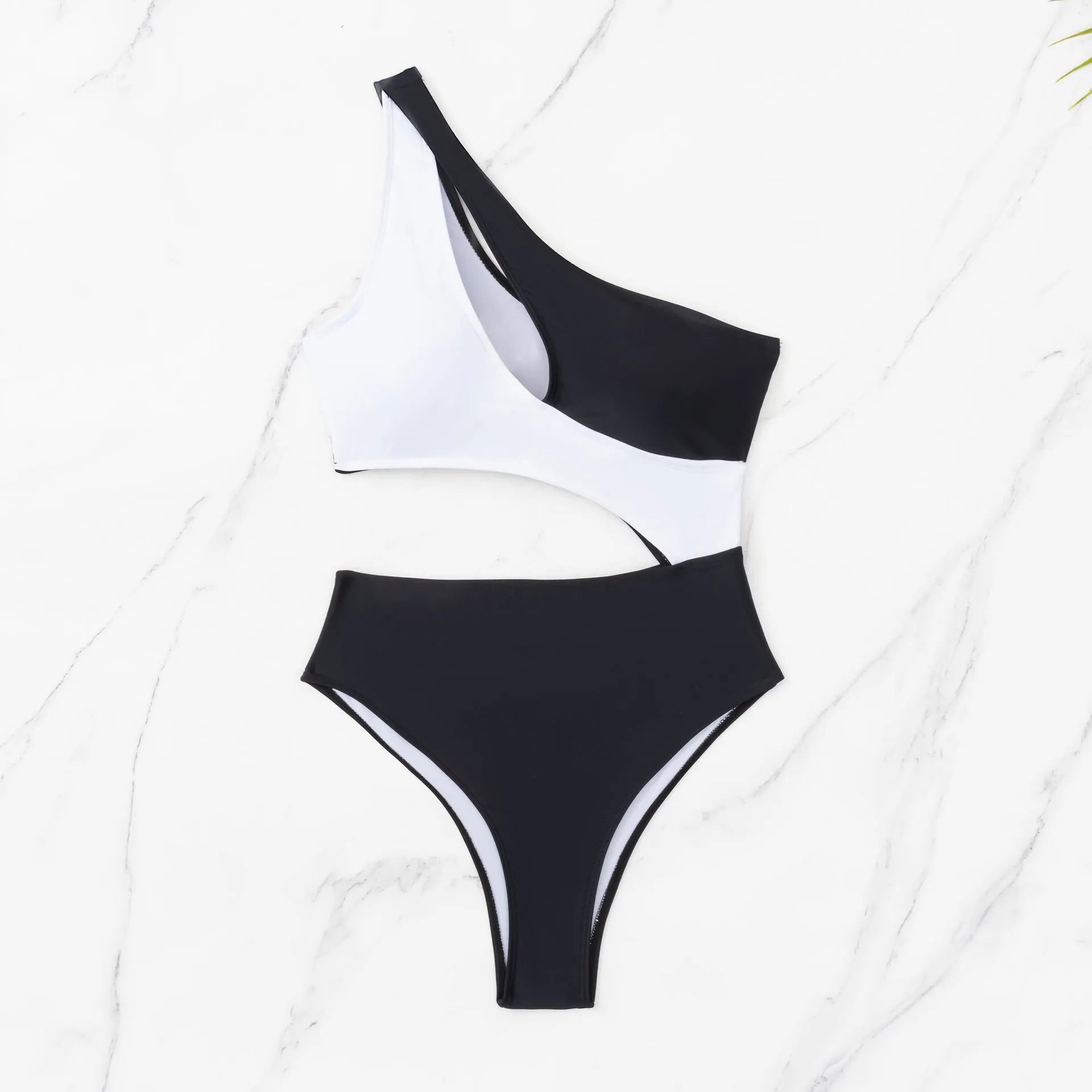 Black women's one-piece swimsuit with white contrast stitching and hollow design detail