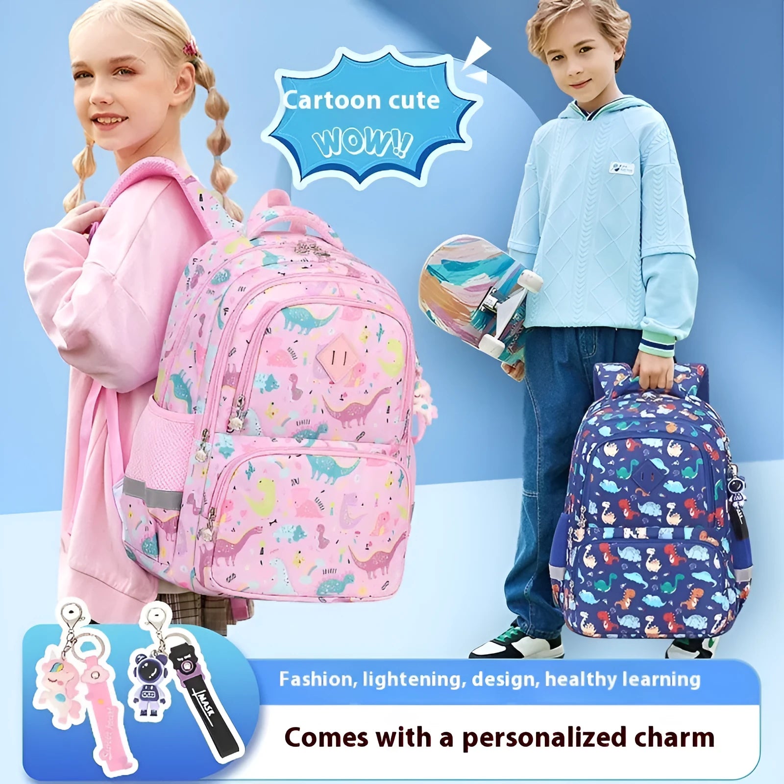 Blue children's waterproof school backpack with dinosaur pattern and curved shoulder straps.