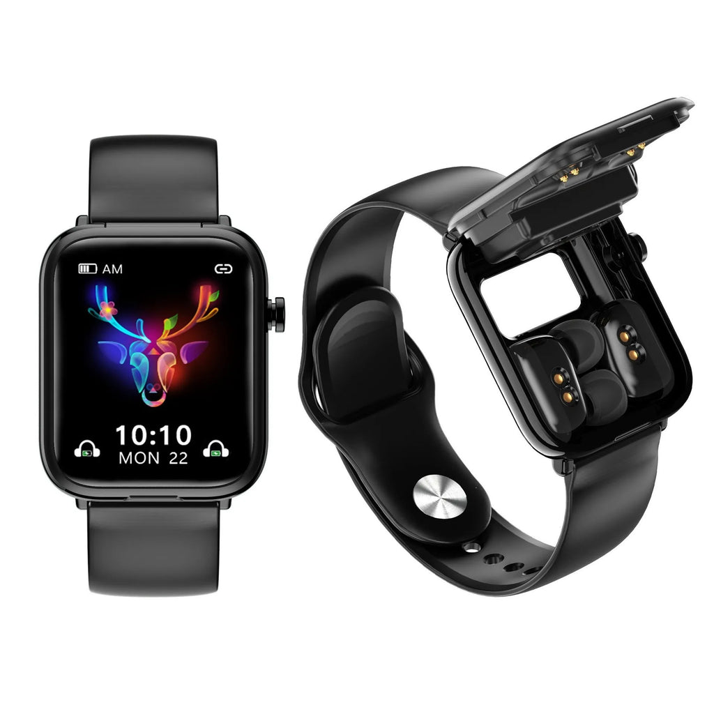 Black all-touch smartwatch with integrated Bluetooth earpieces and a 1.69-inch screen.