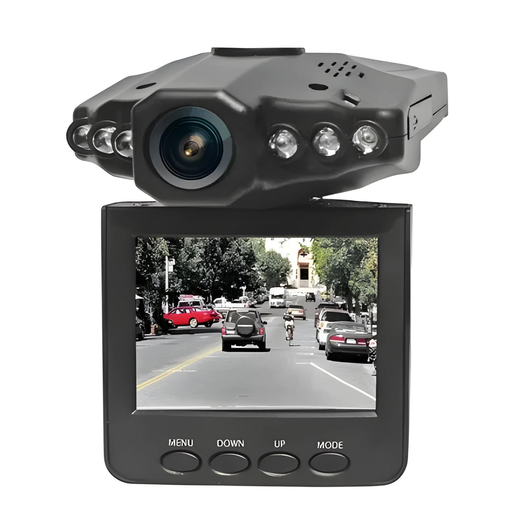H198 car dash cam on a dashboard showing its 2.4-inch screen and infrared LEDs for night vision.