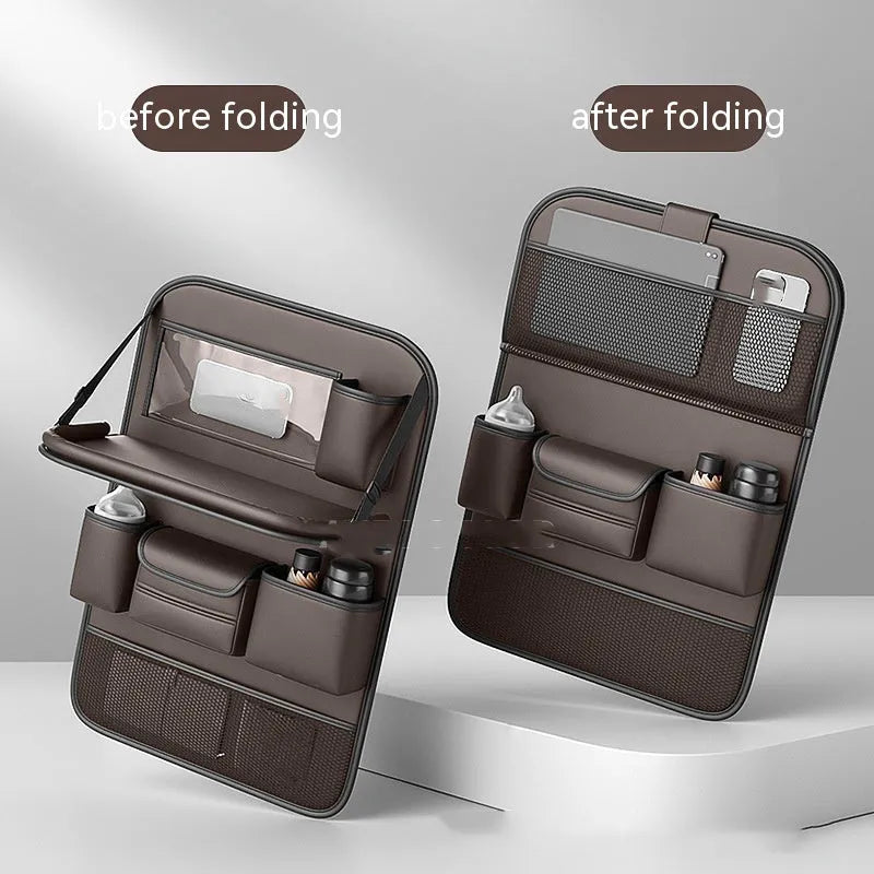 Waterproof leather car seat storage bag with foldable dining table in obsidian black colour