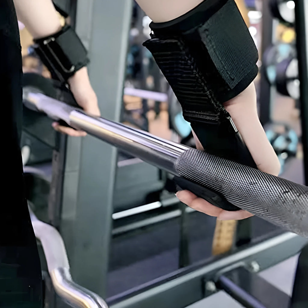 Black fitness grip hook wrist band pair for pull-up assistance and horizontal bar workouts