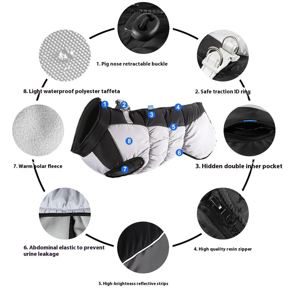 Large dog wearing reflective waterproof winter coat in polar fleece material