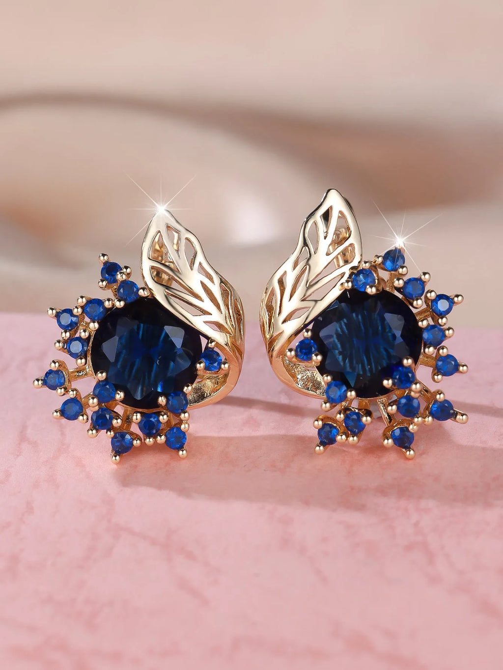 Round flower feather zircon earrings with rose gold electroplated finish and diamond accents