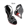 Women's diamond-embroidered Latin dance shoes with mesh upper, black heel 7.5cm, sizes 34-43