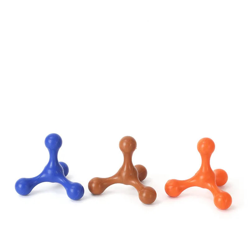 Blue three-legged silicone dog chew toy for small medium breeds on a white background.