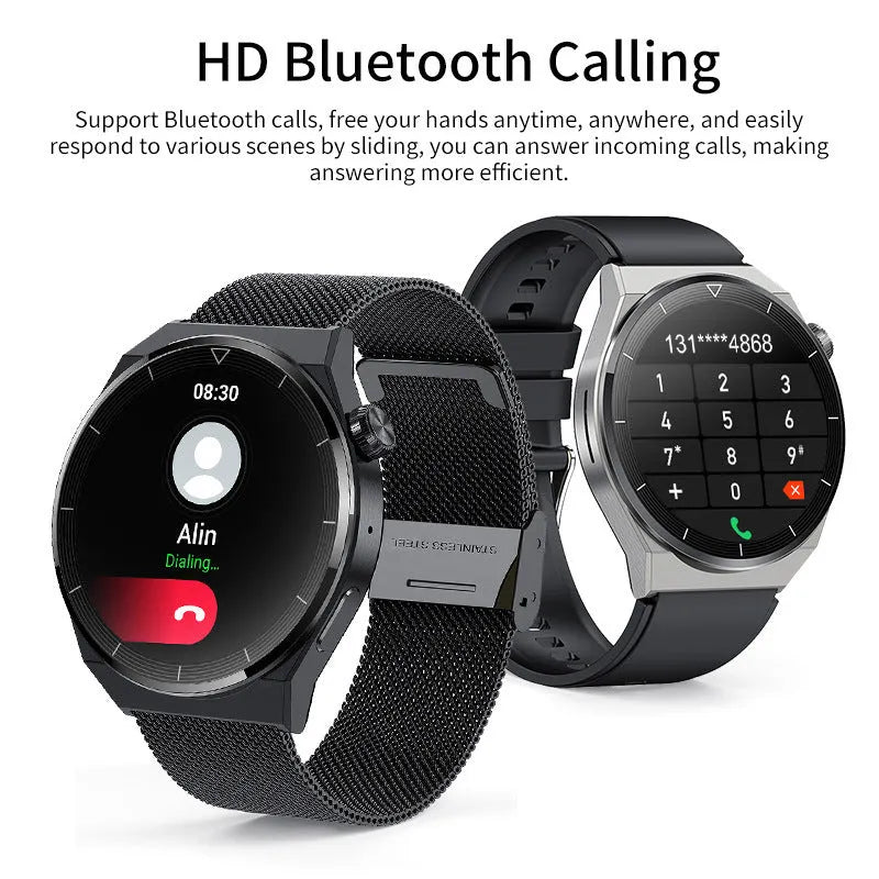 Black silicone strap silver vinyl case smartwatch with Bluetooth calling and health monitoring features on wrist
