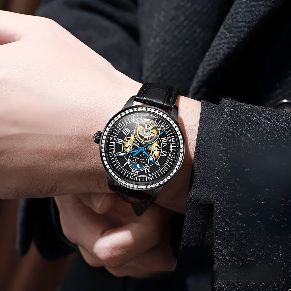 Men's stainless steel mechanical watch with a round dial, transparent case back, and a butterfly buckle.