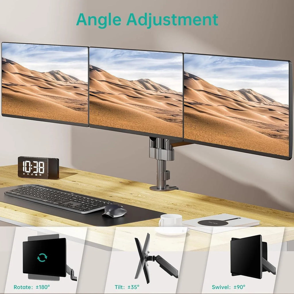 Black three-arm gas spring monitor mounting arm for 13 to 27 inch computer screens