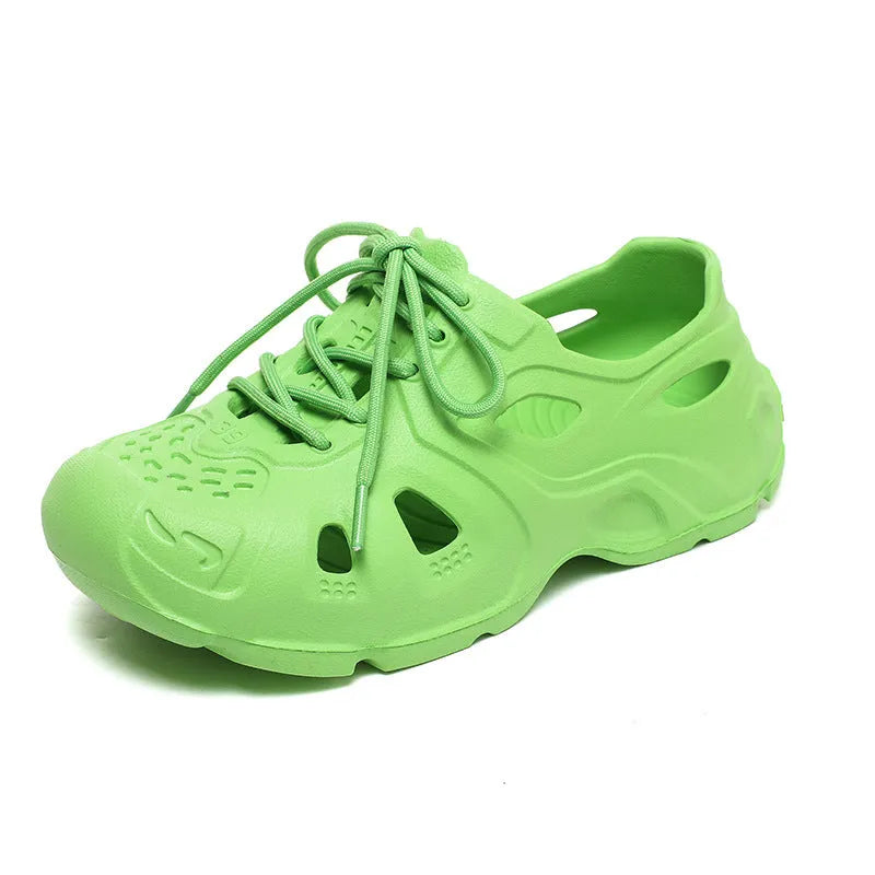 Pair of bright green EVA sandals with a thick, moulded sole and simple strap design.