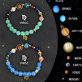 Two natural stone beaded zodiac bracelets with adjustable cords on a wrist.