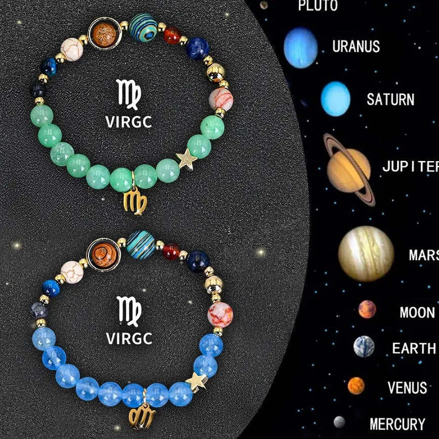 Two natural stone beaded zodiac bracelets with adjustable cords on a wrist.