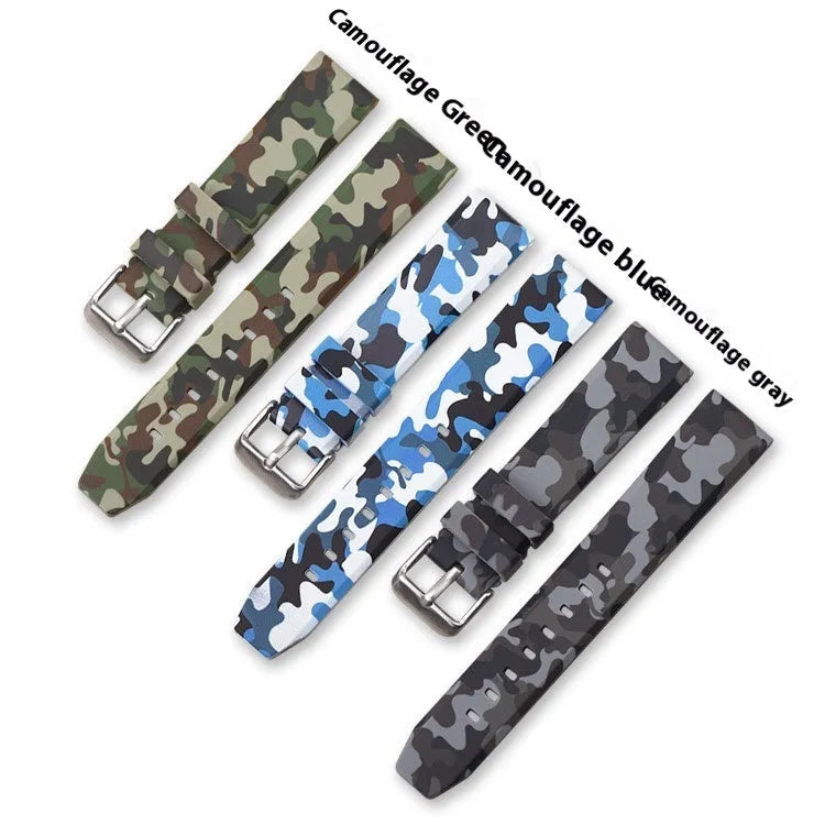 Green camouflage silicone watch strap showing 20mm width and buckle detail.