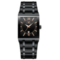Mens square alloy quartz watch with white steel case and crystal glass dial on black background