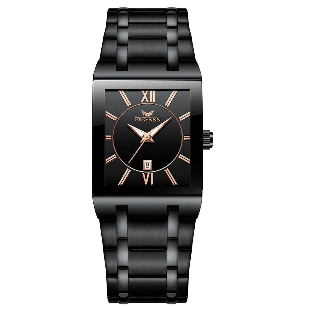 Mens square alloy quartz watch with white steel case and crystal glass dial on black background