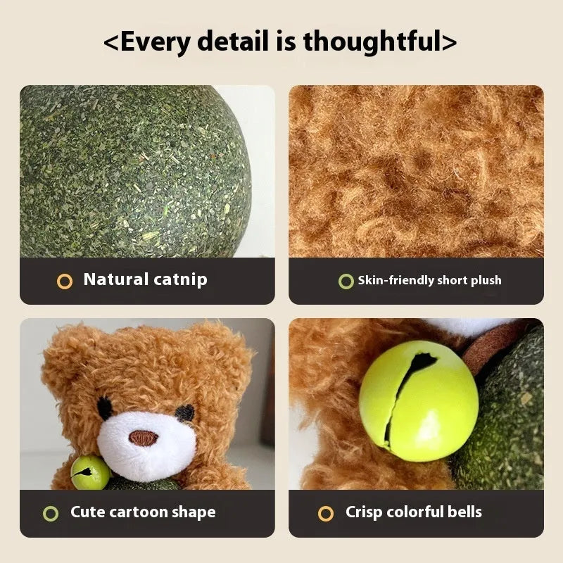 Brown bear plush catnip toy with mint ball and bell measuring 15cm tall