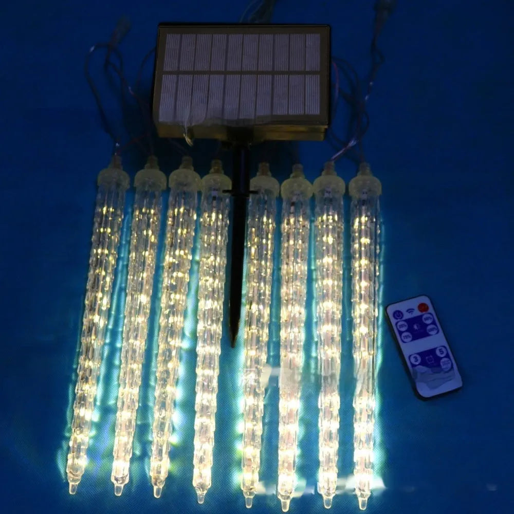 Solar LED ice cone meteor shower festoon lamp set with remote control for outdoor Christmas decoration