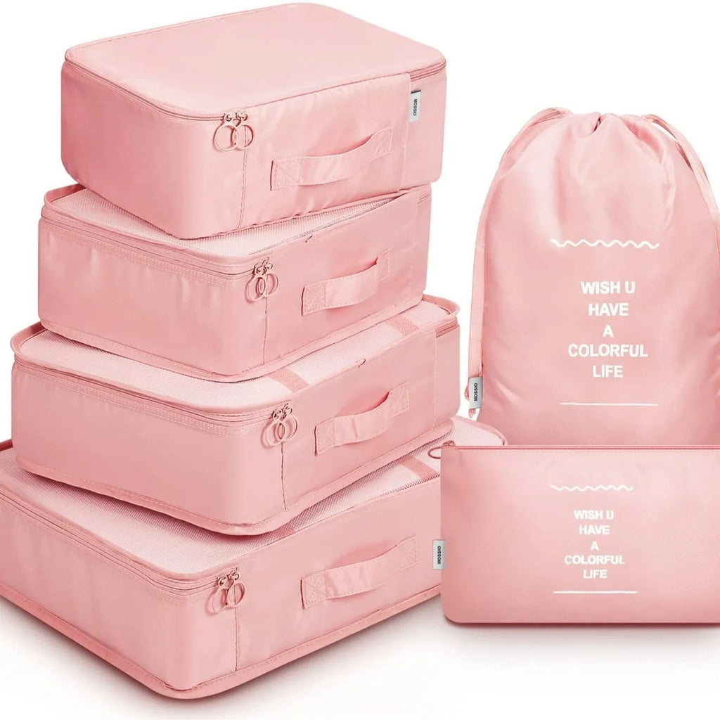 8-piece nylon packing cube set in beige, black, bright blue, gray, Korea Lan, pink, and navy colours for travel organisation