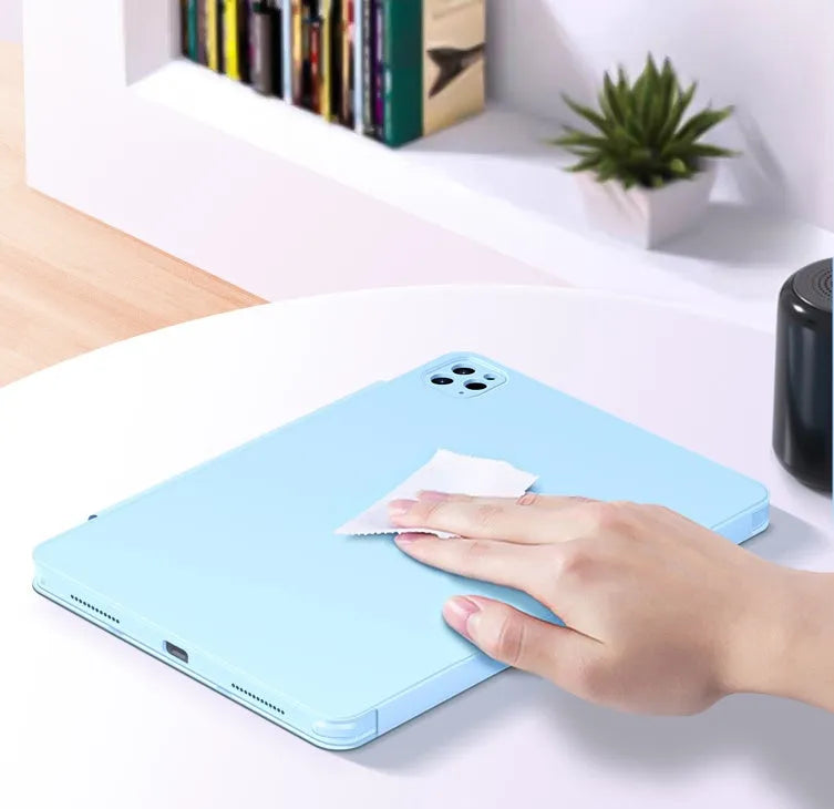 Magnetic iPad protective case in blue with a detachable drawer pen slot for Apple Pencil storage.