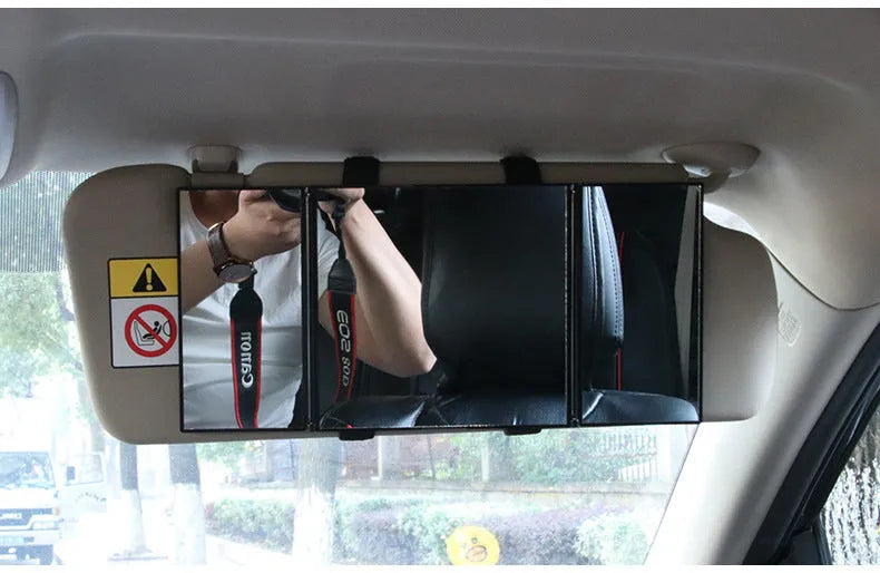 Silver car folding makeup mirror shown closed and opened, with ABS plastic frame and glass mirror.