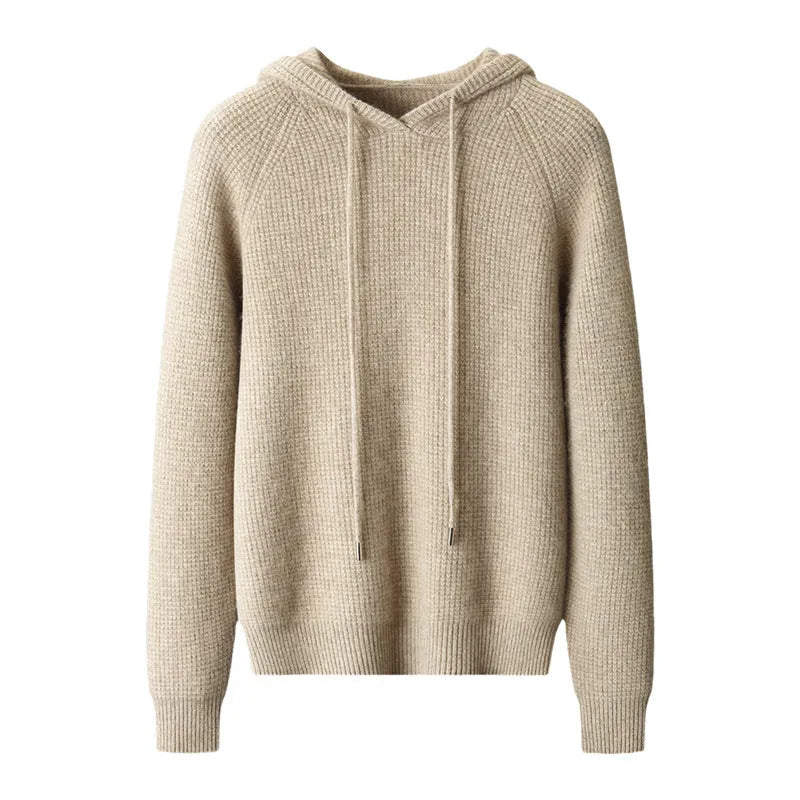 Hooded cashmere sweater in camel, grey-green or navy blue, loose thickened winter pullover with long sleeves, sizes S to XXXL.