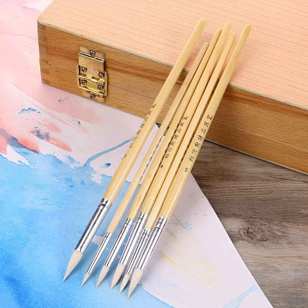 Six wooden-handled artistic wool pointed hook brushes in conventional colours for textile work