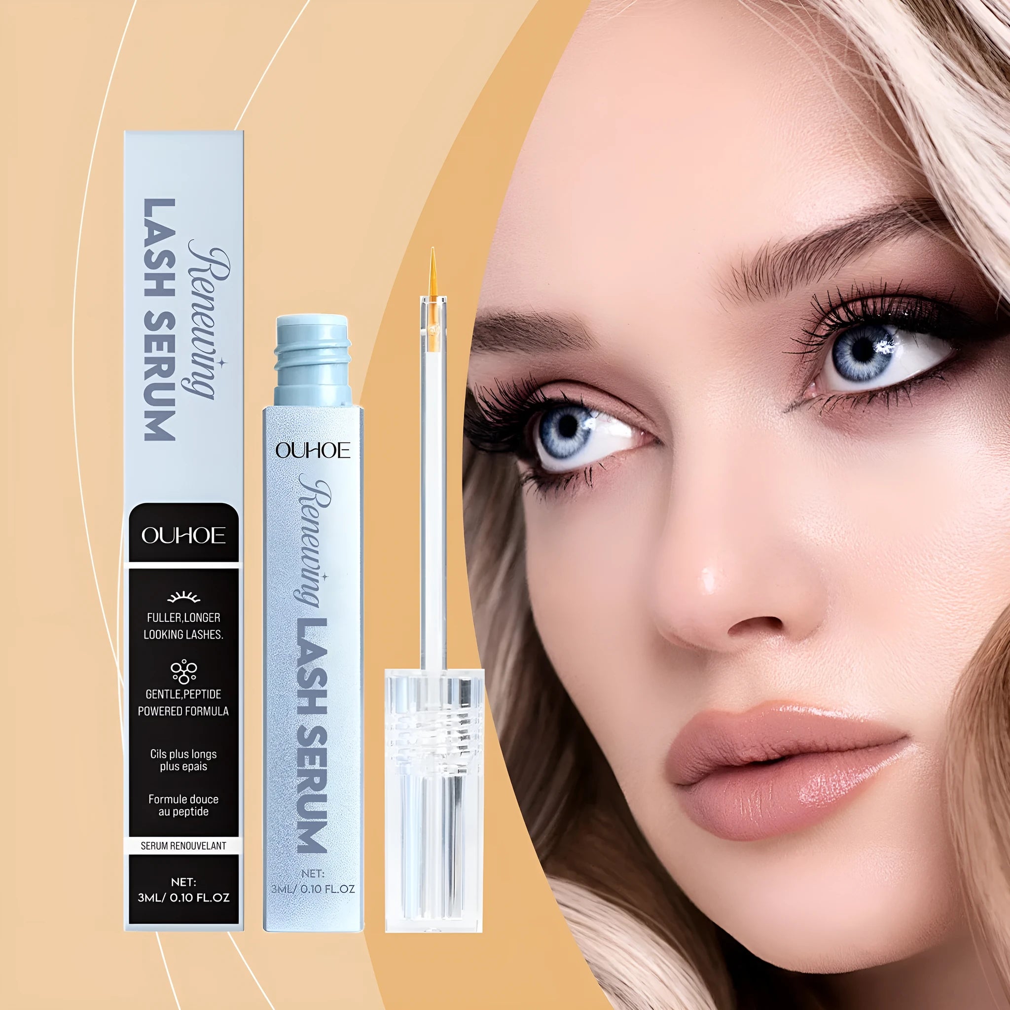 3ml bottle of nourishing eyelash growth serum with applicator.