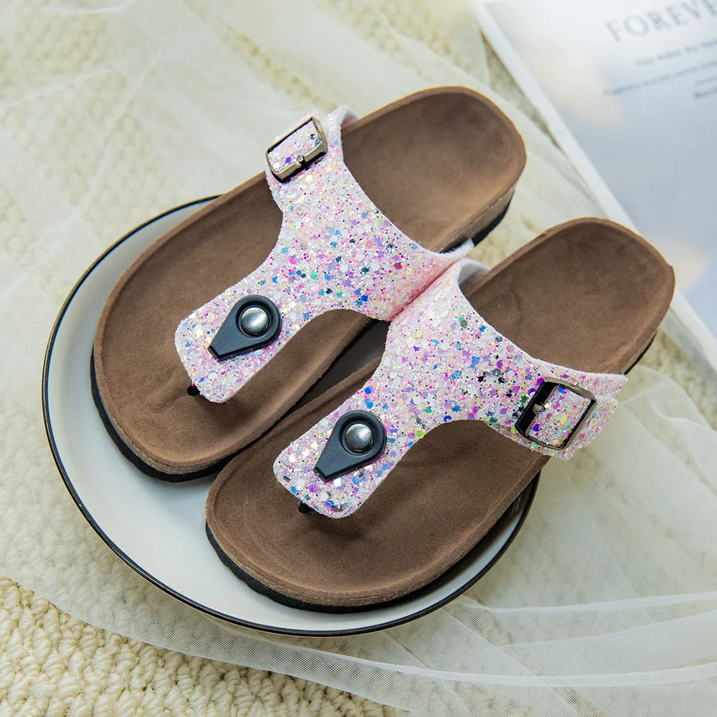 Children's cork flip-flops in pink with non-slip soles and perforated uppers