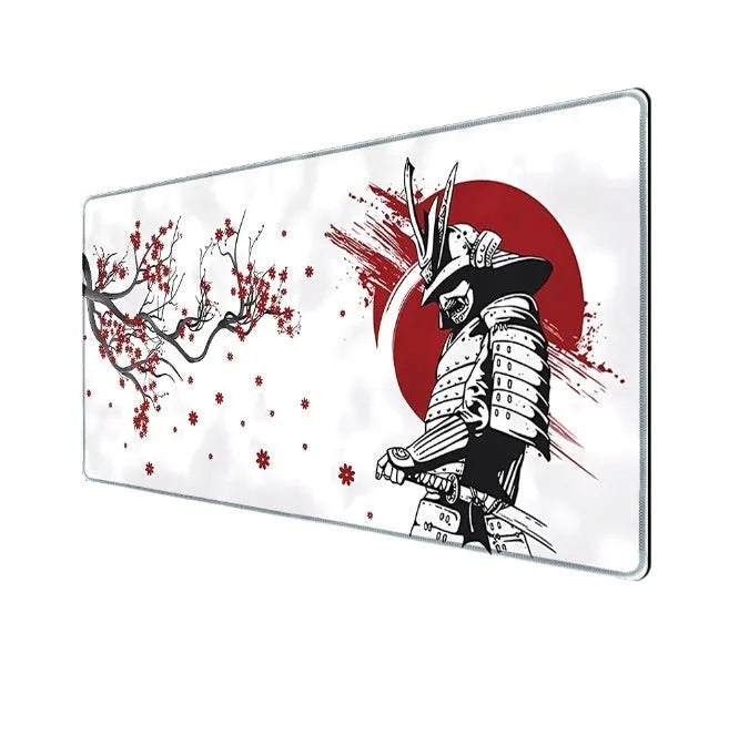 Japanese samurai artwork gaming mouse pad on a desk with a computer mouse
