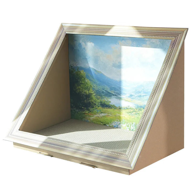 Corrugated paper cat scratch board nest with oil painting style European decoration in Valley colour option