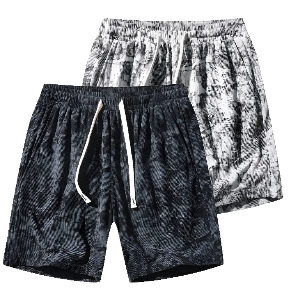 Men's camouflage pattern athletic shorts in polyester corduroy fabric showing straight cut design