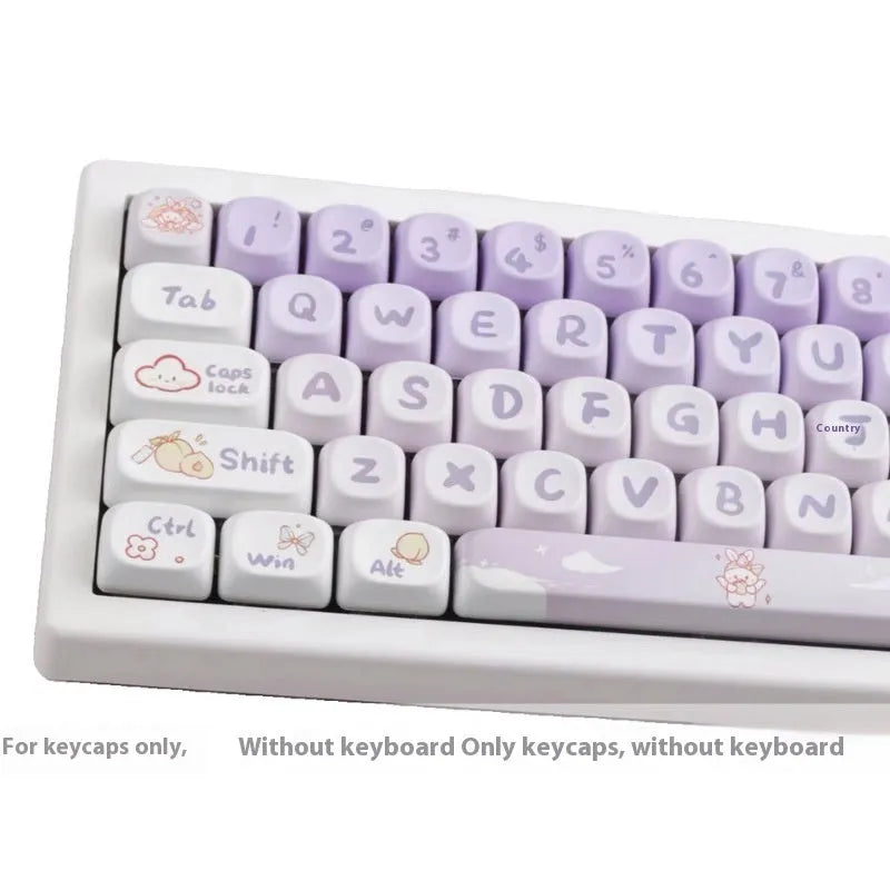 Set of gradient purple PBT keycaps with detailed rabbit character artwork for mechanical keyboards.
