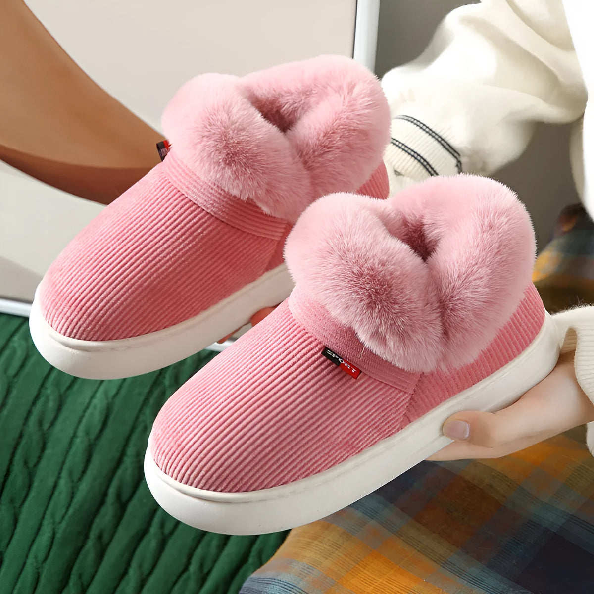 Plush corduroy house slippers for men and women with warm fleece lining and PVC sole, in Coffee, Grey, Pink, or Purple