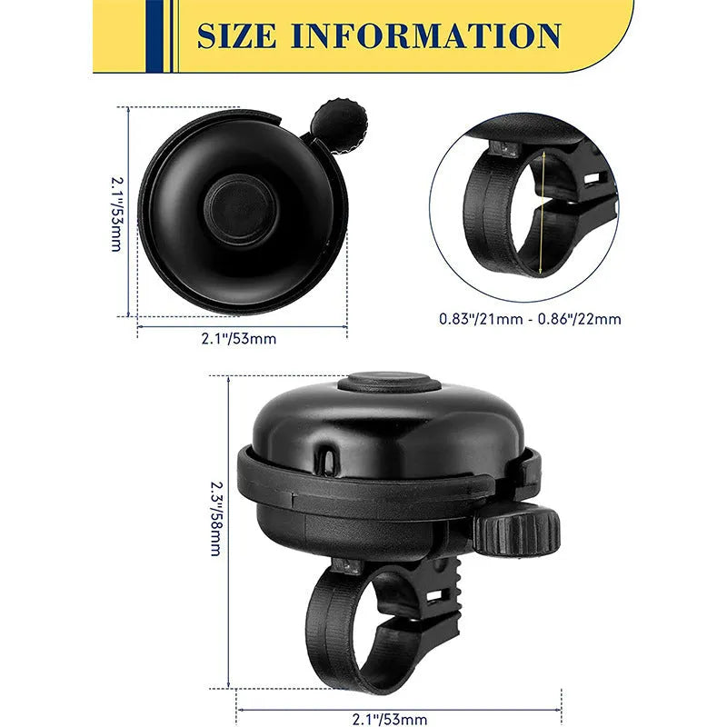 Black 58mm diameter bicycle bell with universal handlebar clamp fixture