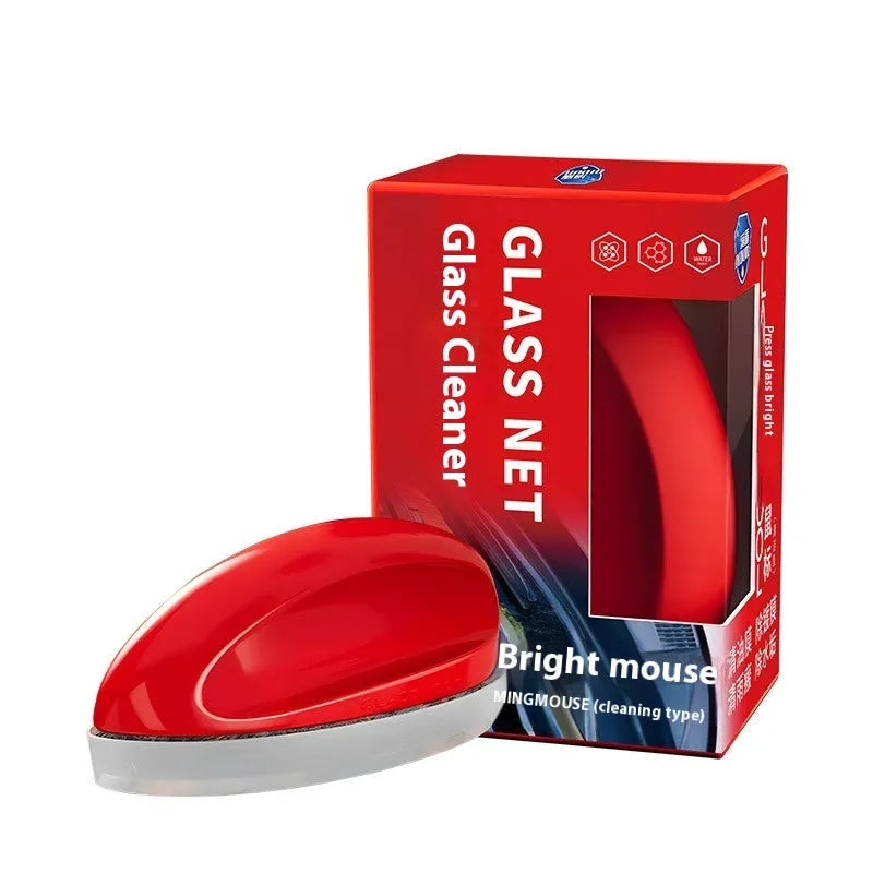 Car Glass Bright Mouse oil film remover with black applicator and polish cloth on glass surface