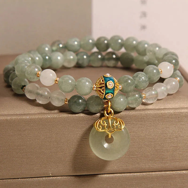 Women's aventurine crystal bracelet with double-layer design and peace buckle in oil green jade colour