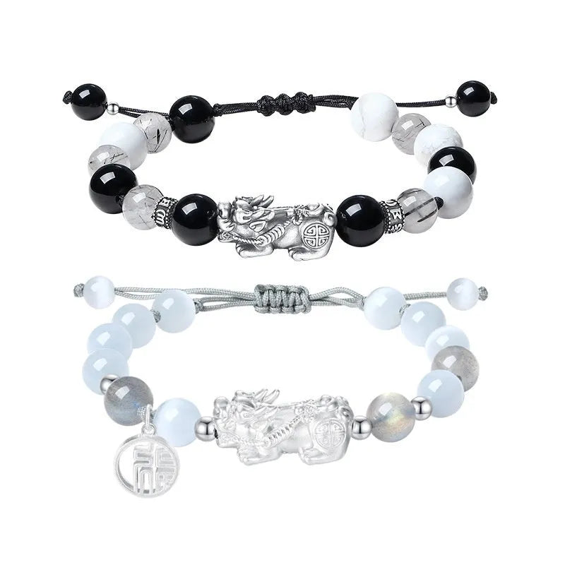Hand-woven 999 sterling silver couple bracelet in black, white, or set with animal tassel details.