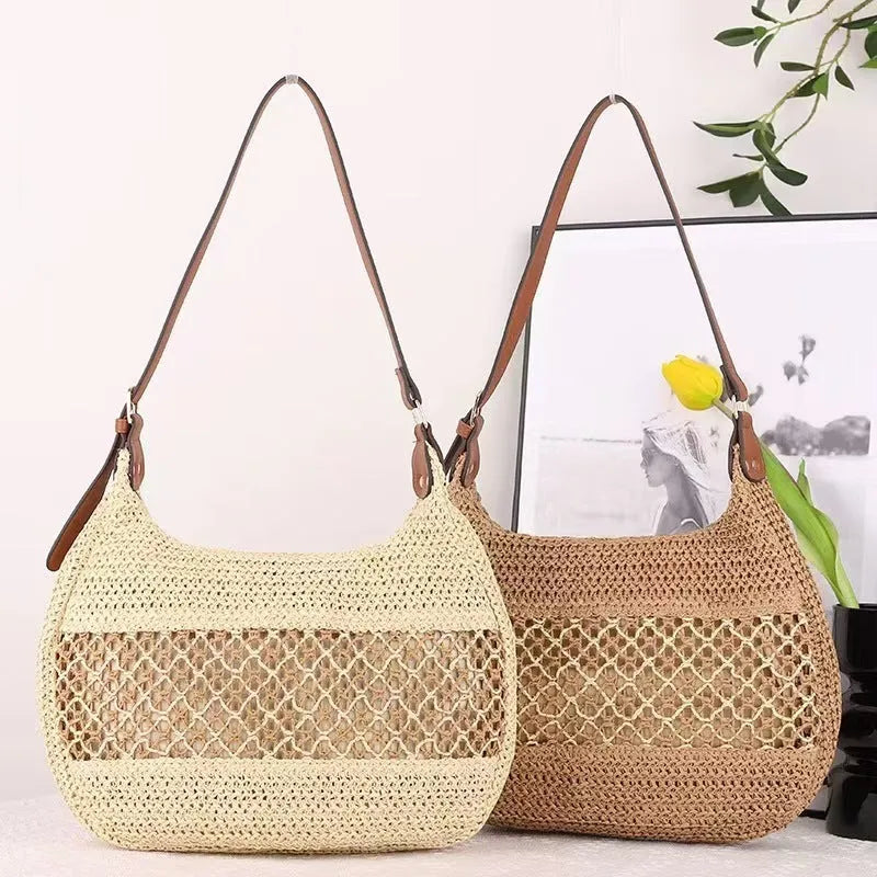 Women's khaki straw cross body bag with sandwich pocket showing horizontal square design