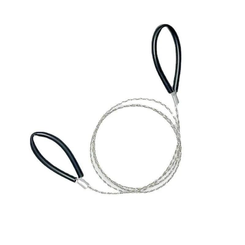 A black or red coiled stainless steel wire survival saw with a total length of 70cm.