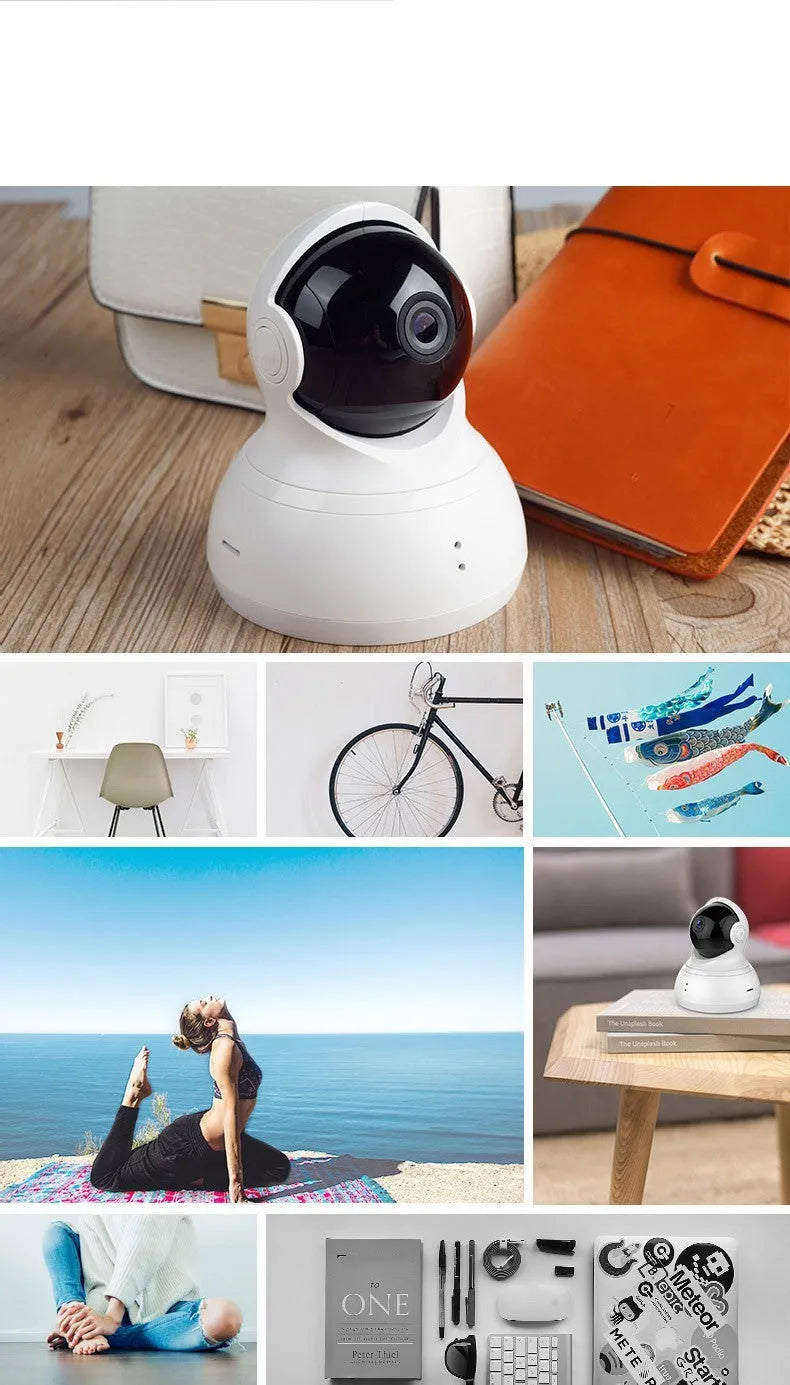 HD night vision 360-degree surveillance camera in white with wall mount and charger, 1080p WiFi indoor security monitor