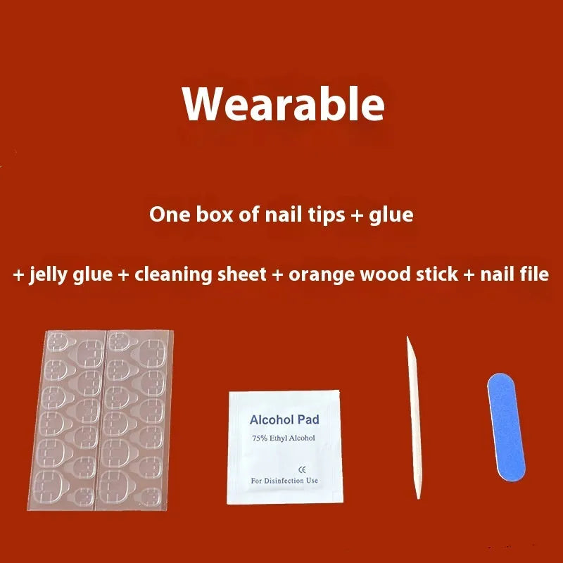 Short solid colour false nails in New Year red with marble pattern, 24 pieces per box with glue for ladies.