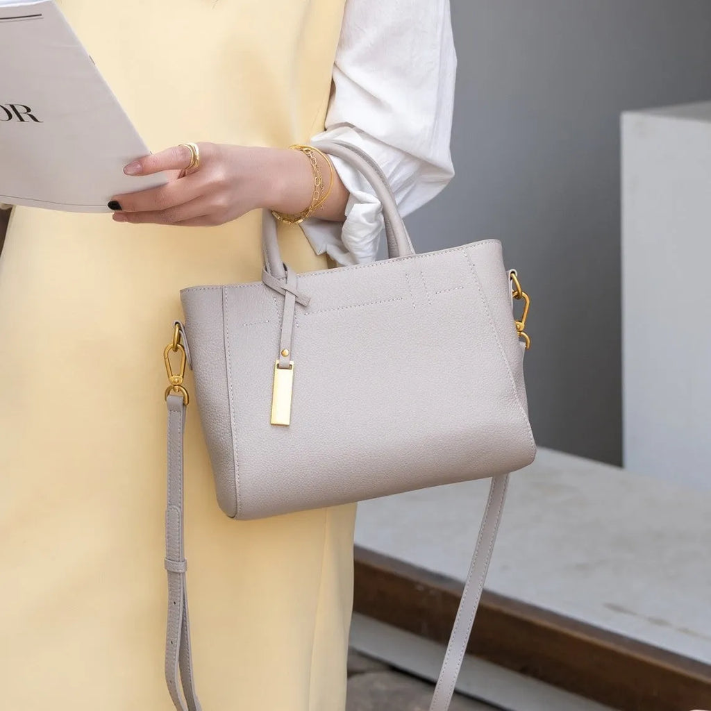 Genuine leather women handbag horizontal square shape first layer cowhide soft with sewing line detailing daily matching bag